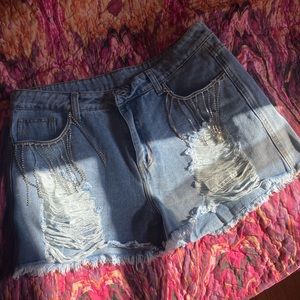Rhinestone fringe denim shorts